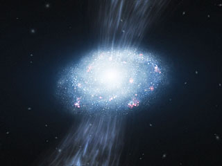 impresin artstica muestra a una galaxia joven, alrededor de dos mil millones de aos despus del Big Bang, absorviendo material desde el gas circundante.