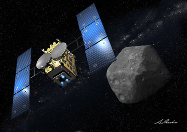 Ilustración de la sonda japonesa Hayabusa, frente al asteroide Ryugu.