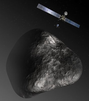 Ilustracin de la sonda Rosetta y la nave de descenso Philae junto al cometa cometa 67P/Churyumov-Gerasimenko. Crdito: ESA.