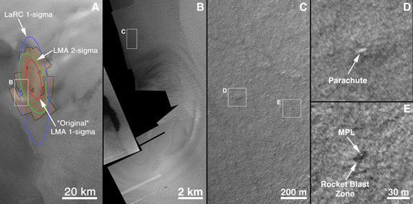 Imgenes de la Mars Global Surveyor  indicando el lugar de donde est la Mars Polar Lander. JPL/NASA