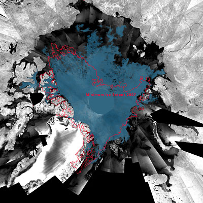 Comparacin del mnimo borde del Casquete Polar Ártico del 2007 (en rojo) con la imagen de mediados de Agosto 2008. Envisat/ESA