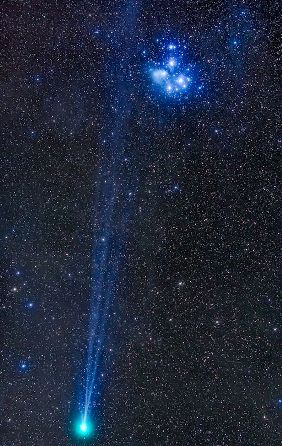 Cometa C/2014 Q2 Lovejoy pasando junto a las Pléiades. (Foto: Alan Dyer).