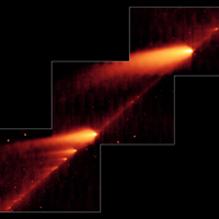 Imagen del Telescopio Espacial Infrarrojo Spitzer de la NASA, de los trozos del Cometa 73P/Schwassman-Wachmann 3 avanzando a lo largo de una huella de restos dejados por pasos anteriores.
