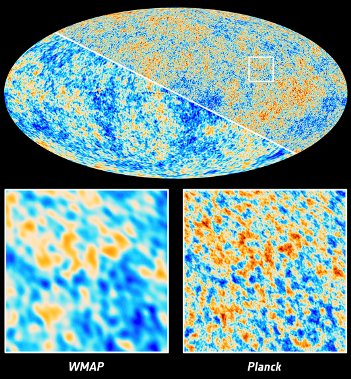 Comparación entre las imágenes del WMAP de la NASA y las del Plank de la ESA. Crédito: ESA.