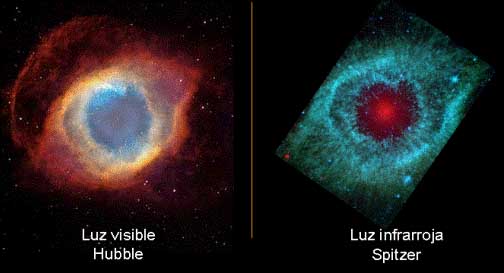 La Nébula de la Hélice, vista en luz visible por el Telescopio Espacial Hubble y en Rayos X por el Telescopio Espacial Spitzer. Crédito NASA/CA.