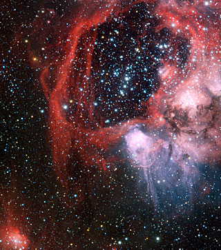 La superburbuja N44 alrededor del cúmulo de estrellas NGC 1929. Crédito: ESO.
