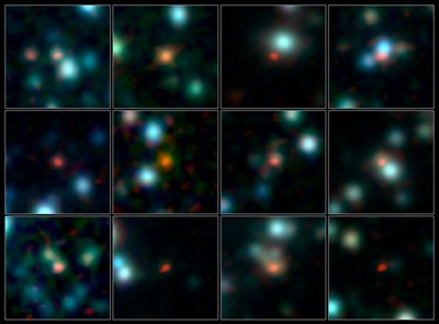Galaxias tempranas (en rojo) observadas por ALMA, entre galaxias observadas por el observatorio espacial Spitzer. Crédito: Chandra/Spitzer/ALMA.