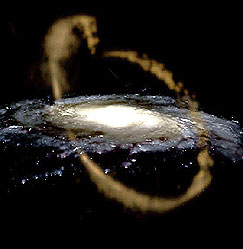 La galaxia enana de Sagitario es absorvida por la Vía Láctea. Ilustración de origen legítimo.