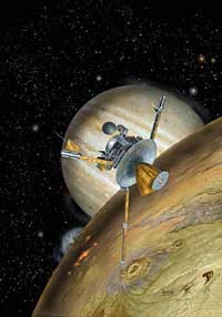 Concepcin artstica del sobrevuelo de Io por la nave Galileo de la NASA. Ilustracin de : David A. Hardy