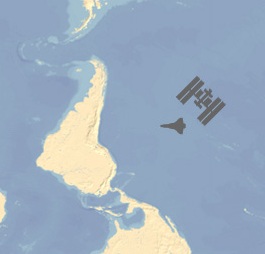 El Atlantis se acerca a la Estación Espacial Internacional sobre Sudamérica. Mapa BBC.