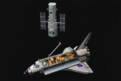 Ilustración computacional del acercamiento del Atlantis al Telescopio Espacial Hubble. NASA.