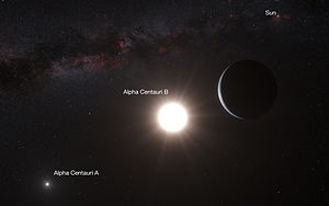Ilustración que muestra al exoplaneta Alfa Cen Bb orbitando a la estrella Alfa Cen B. (Haga click en la imagen para agrandar). Imagen: La Silla/ESO.