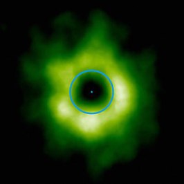 Zona de nieve de CO, observada por ALMA en el disco que rodea a la estrella de tipo solar TW Hydrae. Crédito: ESO.