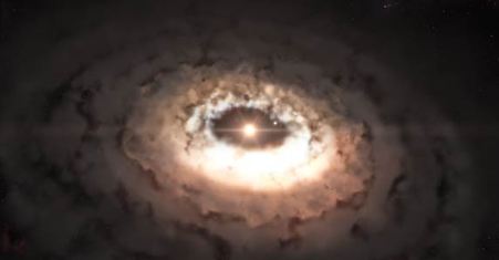 Impresión artística del disco de polvo acumulado alrededor de la estrella Oph-IRS 48. (Haga click en la imagen para agrandar). Crédito: ESO/ALMA.