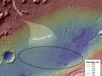 Depósitos aluviales en forma de abanico en el cráter Gale. Los colores son falsos e indican alturas, ver tabla. Foto: NASA.