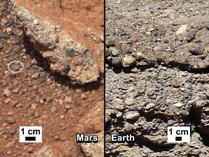 Sedimentos, en Marte (Izq.) y la Tierra (Der.). Foto: NASA.