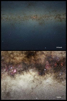 Comparación óptico-infrarroja de las partes centrales de la Vía Láctea. Crédito: VISTA/ESO.